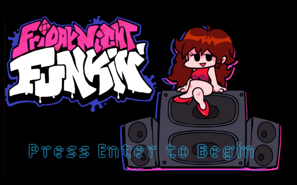 HD PC desktop wallpaper of the video game Friday Night Funkin': logo and Girlfriend perched on a speaker with neon outlines and Press Enter to Begin text on a black background.