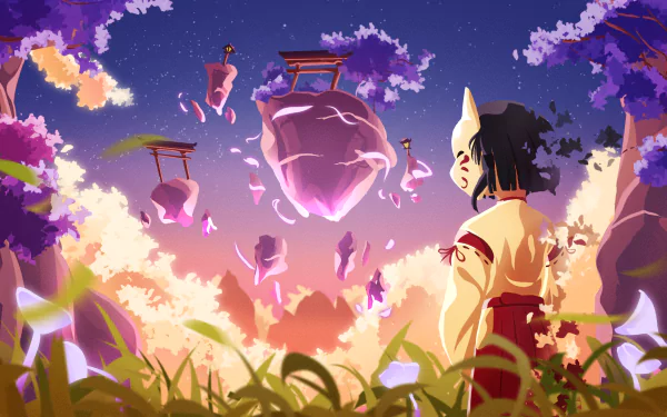 Kazari (Genshin Impact) in tall grass watching glowing floating islands at sunset — HD PC desktop wallpaper/background from the video game Genshin Impact.