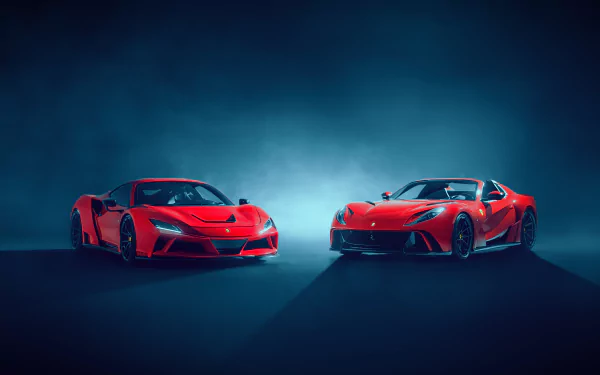 5K Ultra HD desktop wallpaper of two red Ferrari 812 GTS supercars posed on a glossy studio floor against a moody blue backdrop.