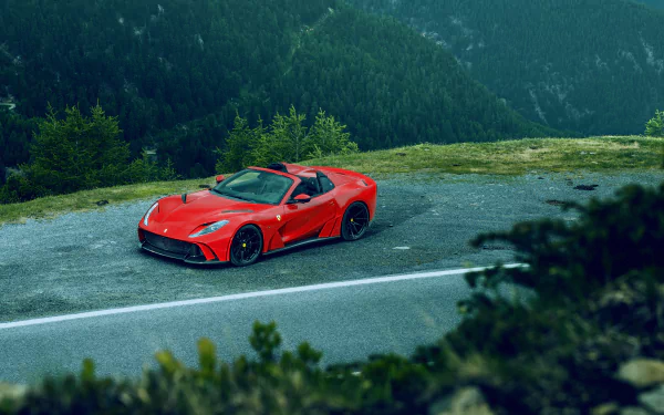 Red Ferrari 812 GTS supercar parked on a mountain road, 5K Ultra HD PC desktop wallpaper and background highlighting the sleek vehicle against pine‑covered peaks.