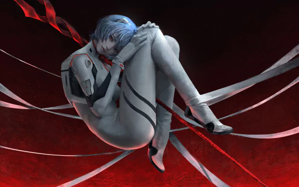 4K Ultra HD anime wallpaper featuring Rei Ayanami from Neon Genesis Evangelion in a fetal pose, set against a dark red background with dynamic ribbon-like elements.