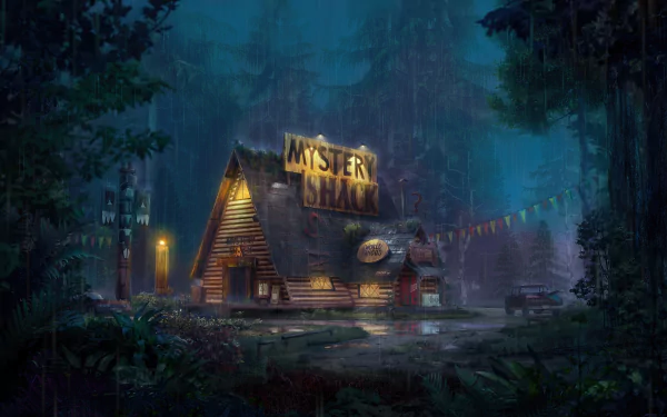 A captivating 4K Ultra HD wallpaper featuring the Mystery Shack from the TV show Gravity Falls, surrounded by lush forests and an atmospheric, rainy night setting.