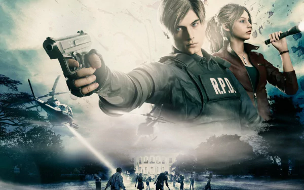 HD wallpaper of Resident Evil: Infinite Darkness featuring animated characters Leon S. Kennedy with a gun and Claire Redfield with a flashlight against a moody, action-packed backdrop for desktop background.