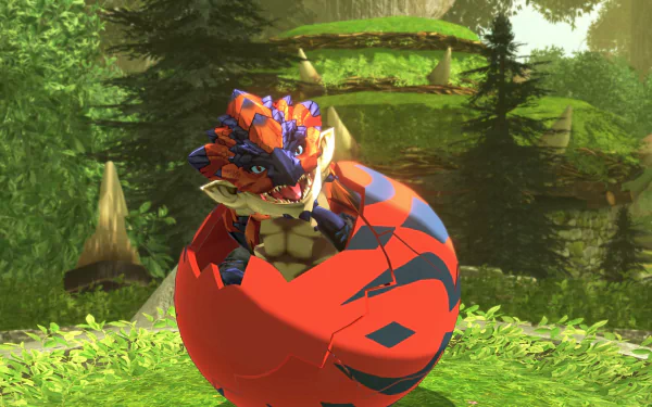 HD wallpaper featuring a creature from Monster Hunter Stories 2: Wings of Ruin emerging from an egg in a lush green environment.