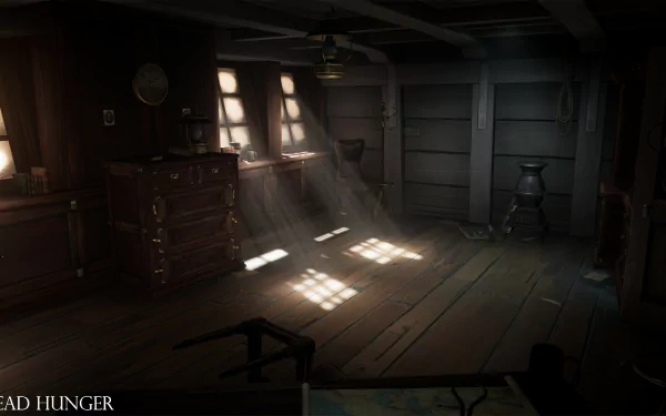 HD desktop wallpaper featuring a moody interior scene from the game Dread Hunger, with sunlight streaming through the cabin windows onto the wooden floor.