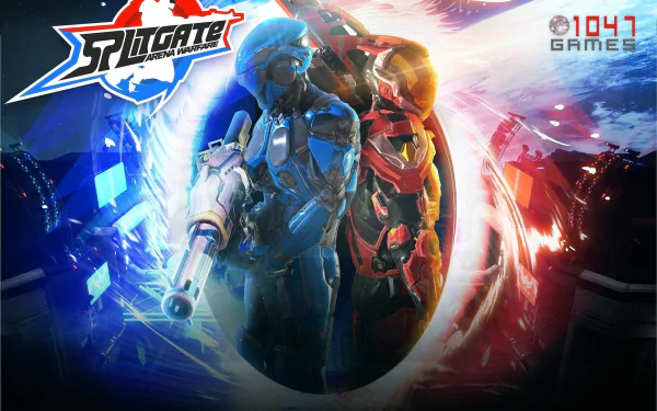 HD Splitgate desktop wallpaper featuring two armored characters with futuristic weapons standing back-to-back with a dynamic portal effect in the background.