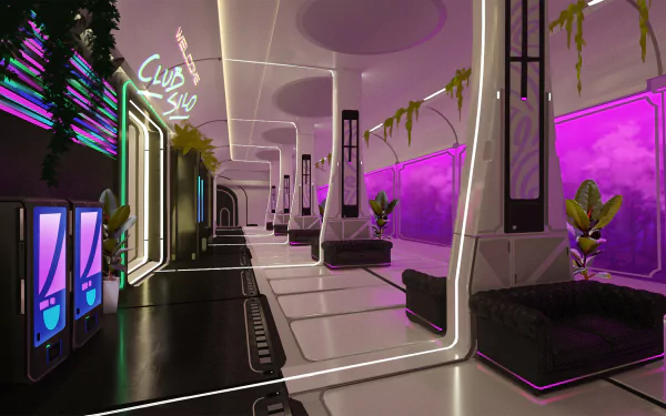 A vibrant HD desktop wallpaper from the video game Splitgate, featuring a futuristic lounge with purple lighting, sleek design, and lush plants, creating an immersive environment.