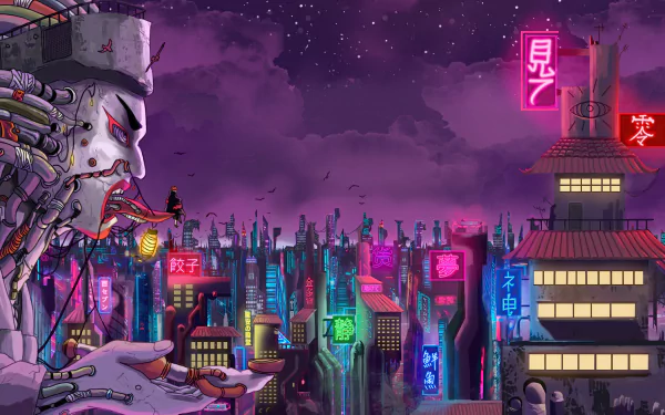 HD anime wallpaper featuring Naruto Uzumaki against a futuristic cityscape with neon lights and intricate details, tagged with Naruto and Anime.