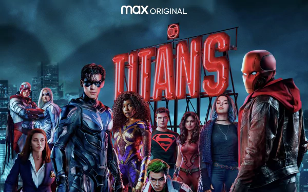 HD PC desktop wallpaper of the TV show Titans: the core team in costume posed before a moody city skyline beneath the illuminated Titans logo.