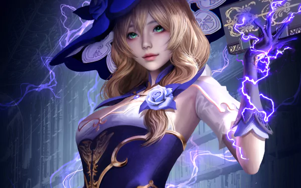 4K Ultra HD desktop wallpaper featuring Lisa from the video game Genshin Impact, surrounded by purple lightning in a mystical, dark setting.