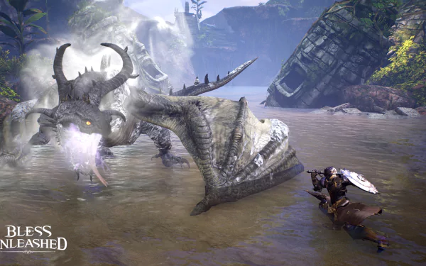 HD desktop wallpaper featuring an epic scene from Bless Unleashed with a warrior facing a formidable dragon in a mystical river setting.
