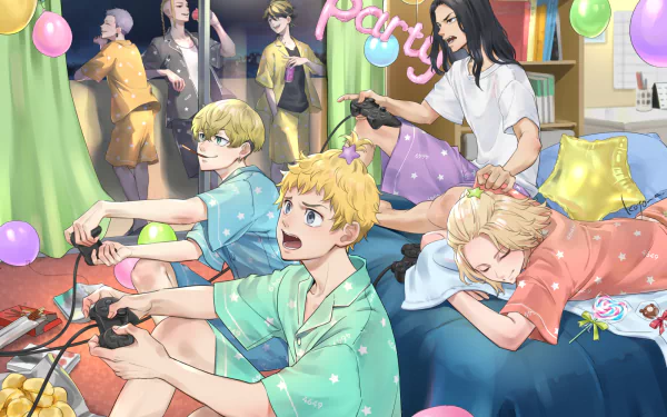 Anime characters from Tokyo Revengers, including Mikey, Draken, Mitsuya, Chifuyu, Kazutora, Takemichi, and Baji, enjoy a pajama party with video games and snacks. HD desktop wallpaper and background.