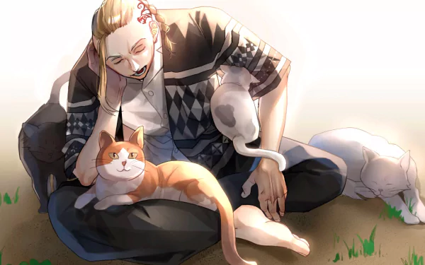HD PC desktop wallpaper featuring Ken Ryuguji from Tokyo Revengers, sitting on grass with two cats, illuminated by soft natural light.