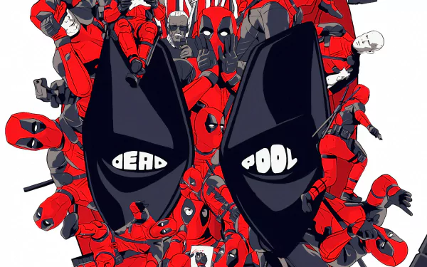 4K Ultra HD PC desktop wallpaper featuring multiple stylized Deadpool characters in red and black from the movie Deadpool.