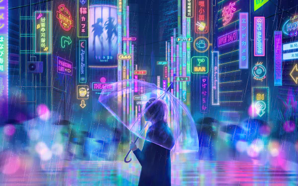 A 4K Ultra HD cyberpunk cityscape at night, glowing with vibrant neon signs and futuristic sci-fi visuals, featuring a figure holding a transparent umbrella in the rain.