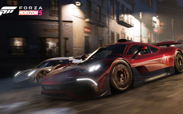 4K Ultra HD Forza Horizon 5 PC wallpaper featuring two high-speed sports cars racing through a rainy urban street at night.