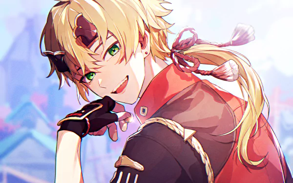 HD PC desktop wallpaper featuring Thoma from the video game Genshin Impact, showcasing his confident smile and detailed character design.