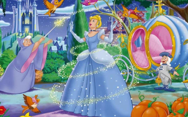 Cinderella from the 1950 animated movie is featured in a magical scene, surrounded by birds and her fairy godmother, with a whimsical pumpkin carriage in the background.