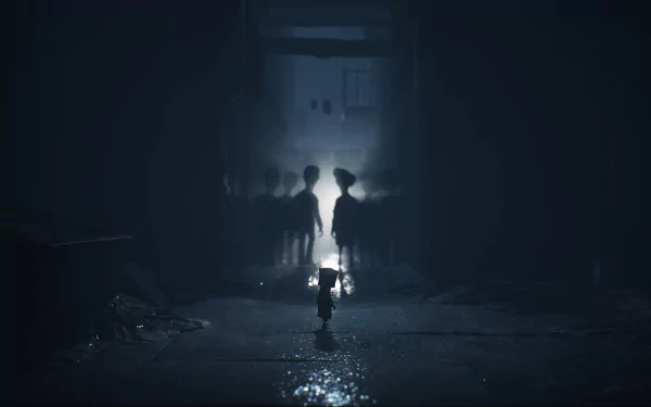 HD PC desktop wallpaper featuring Mono from the video game Little Nightmares II in a dark, eerie setting with a lantern illuminating the path ahead.