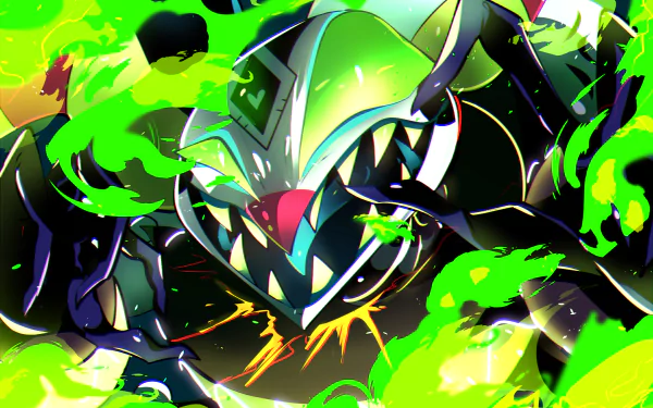 HD PC desktop wallpaper featuring Robo Fizz from the TV show Helluva Boss, surrounded by vibrant green flames and dynamic energy effects.