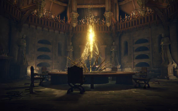 HD wallpaper featuring a grand, dimly lit room from the video game Elden Ring, with an ornate round table and a striking beam of golden light at the center.