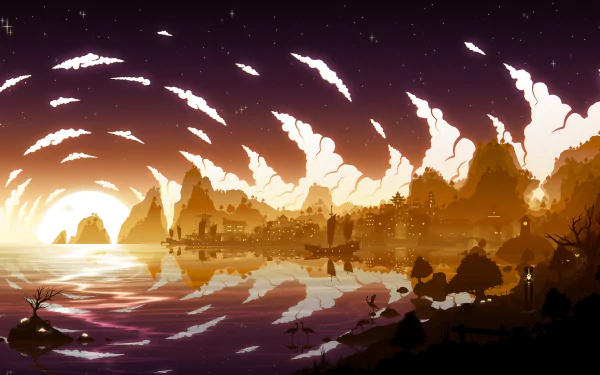 HD desktop wallpaper featuring a stunning sunset view of Liyue from the video game Genshin Impact, showcasing a serene landscape with mountains, illuminated cityscape, and reflective waters.