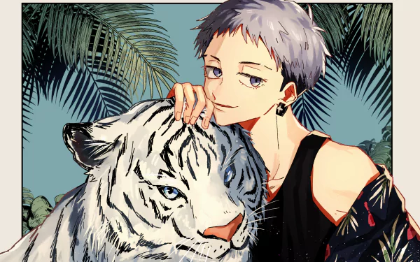 HD anime desktop wallpaper featuring Takashi Mitsuya from Tokyo Revengers, depicted with a white tiger and tropical foliage in the background.