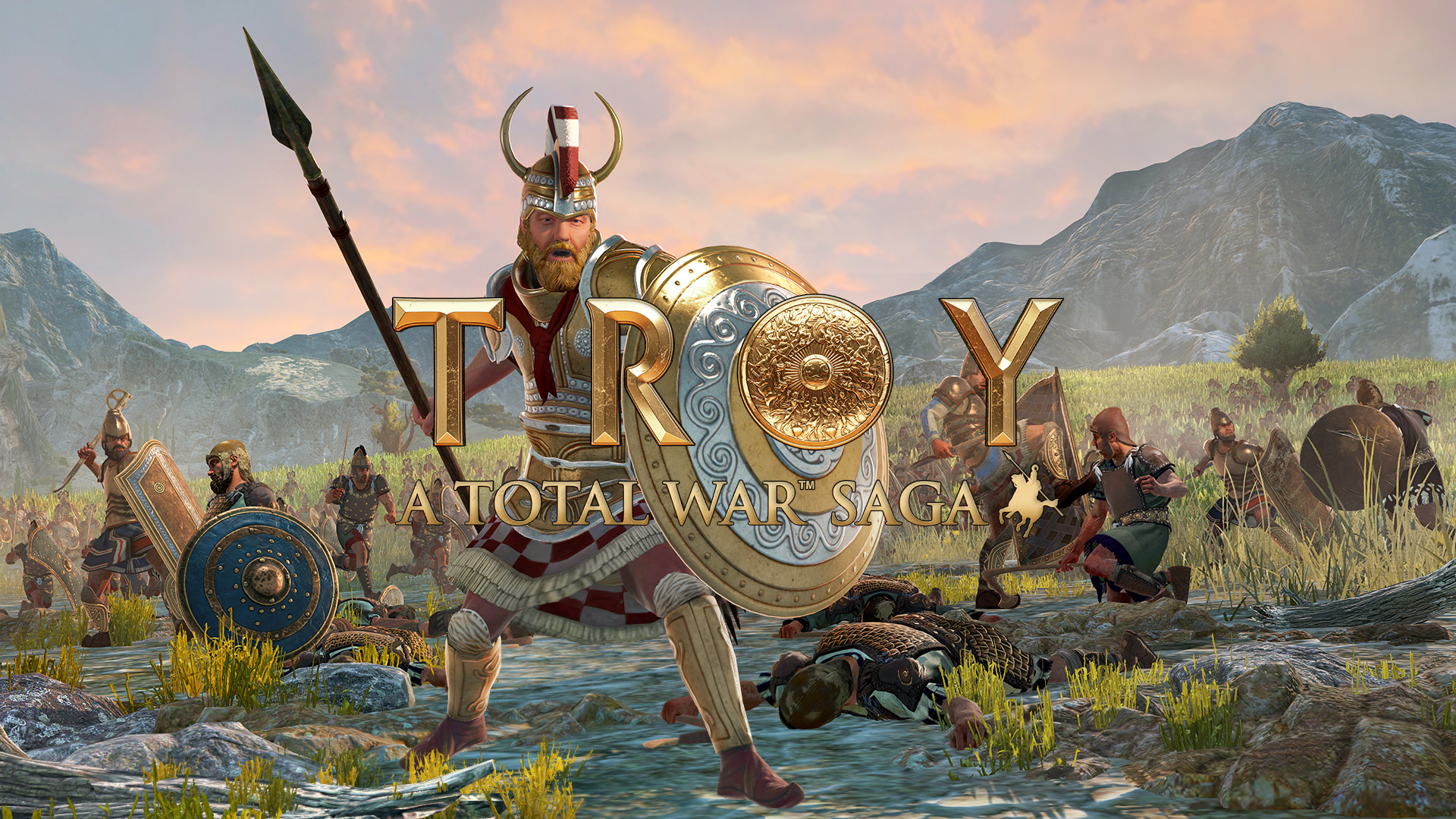 HD desktop wallpaper featuring 'A Total War Saga: TROY' with warriors in battle for game background.