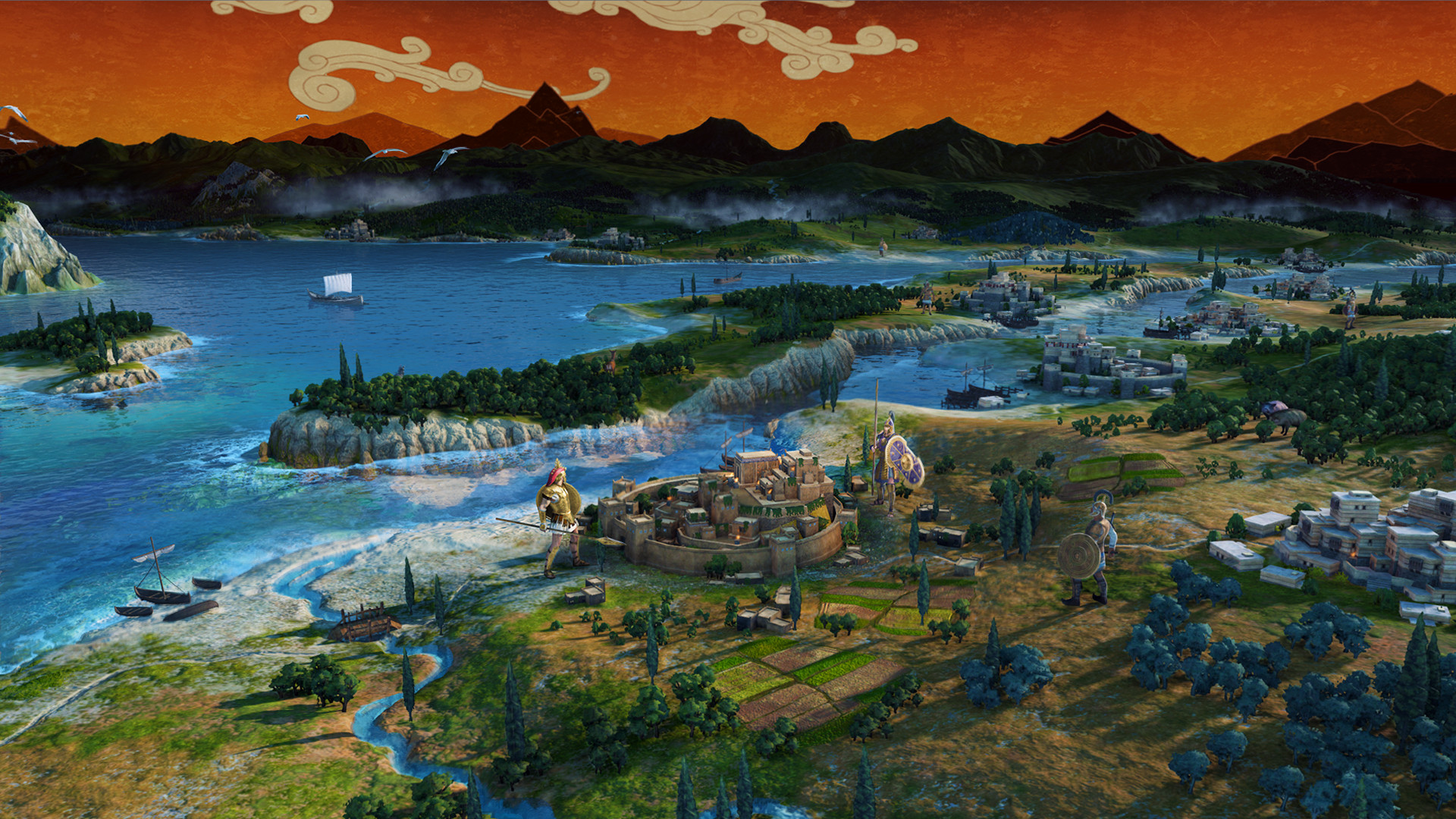 HD wallpaper featuring a scenic landscape from A Total War Saga: TROY game with vibrant seascape and ancient city.
