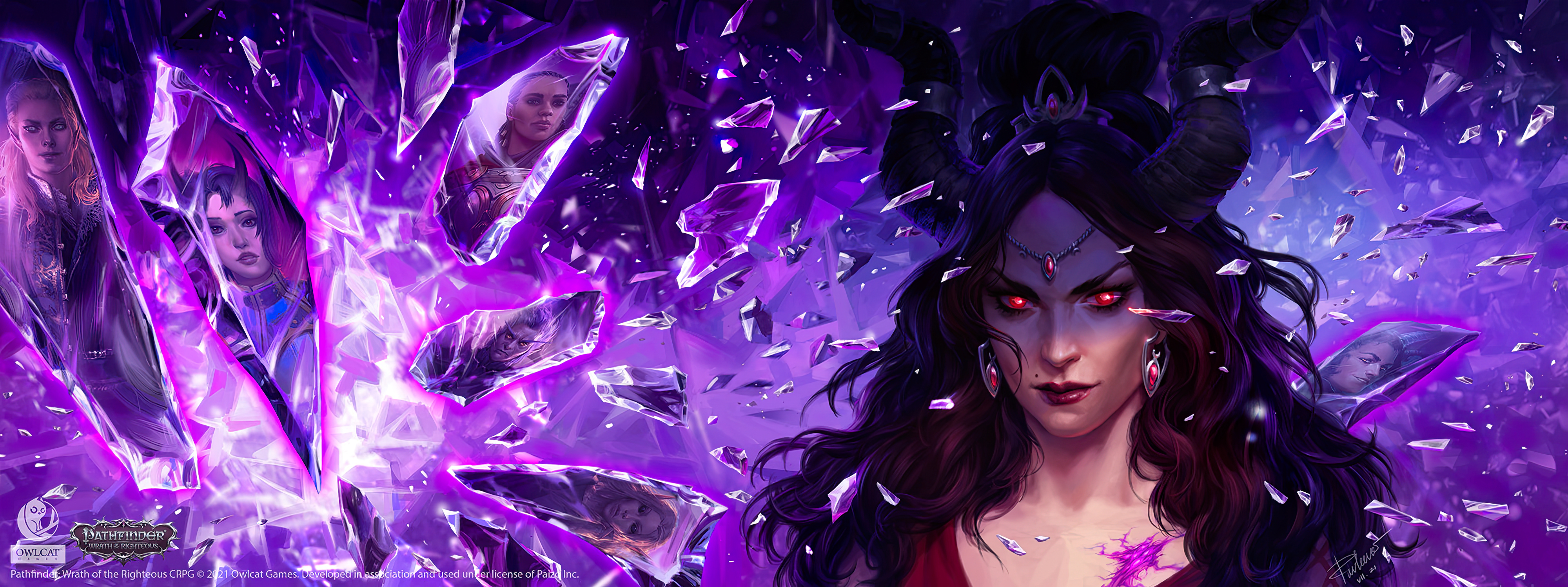 HD desktop wallpaper featuring a mystical character from Pathfinder: Wrath of the Righteous, surrounded by vibrant purple crystals.