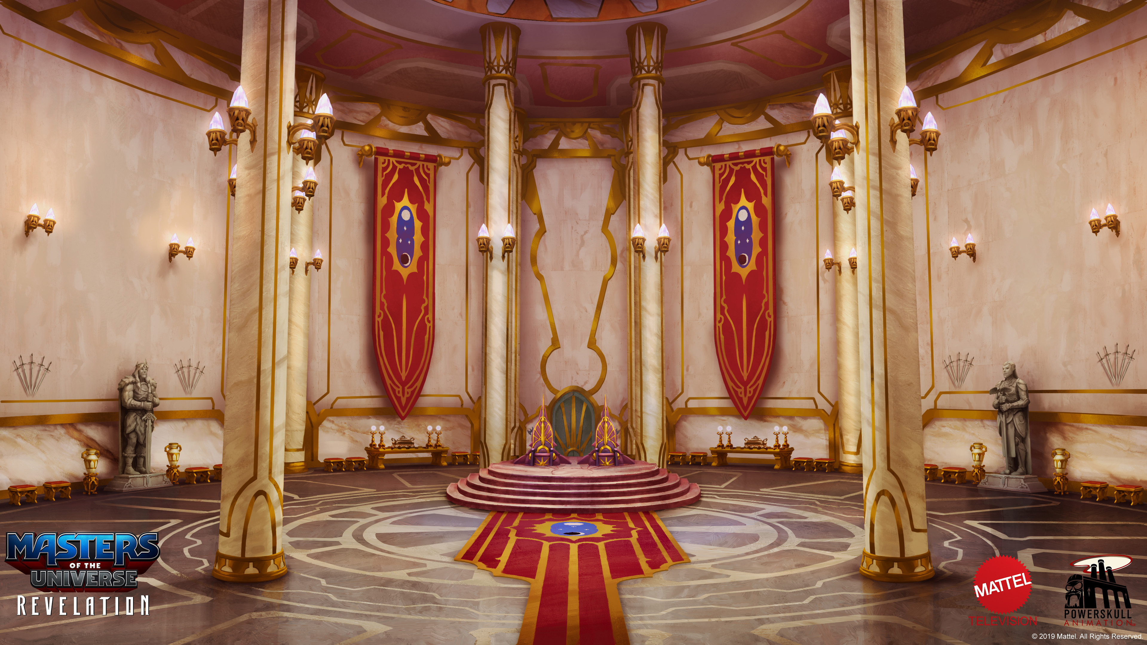 HD wallpaper featuring the majestic throne room from Masters of the Universe: Revelation, with ornate columns, grand banners, and an iconic central throne.