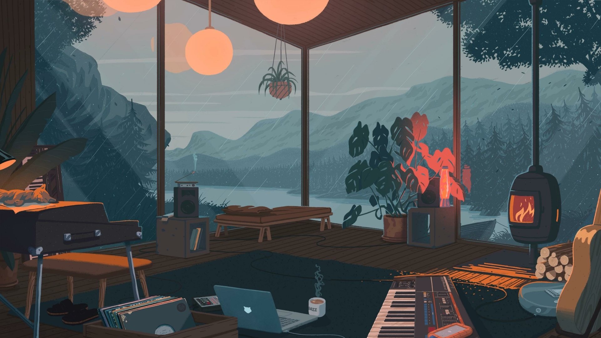Artistic HD PC desktop wallpaper depicting a cozy room with large windows overlooking misty mountains, warm lighting, and musical instruments scattered around.