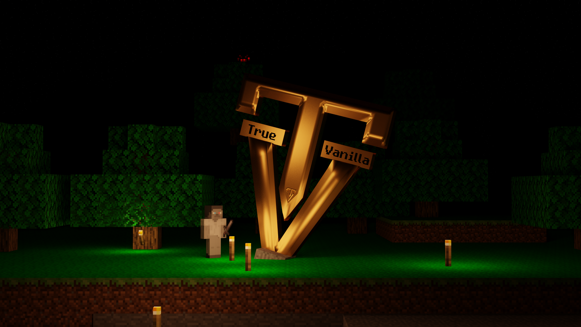 Nighttime Minecraft scene featuring a glowing True Vanilla logo surrounded by pixelated trees and torches, captured in 4K Ultra HD for PC desktop wallpaper.