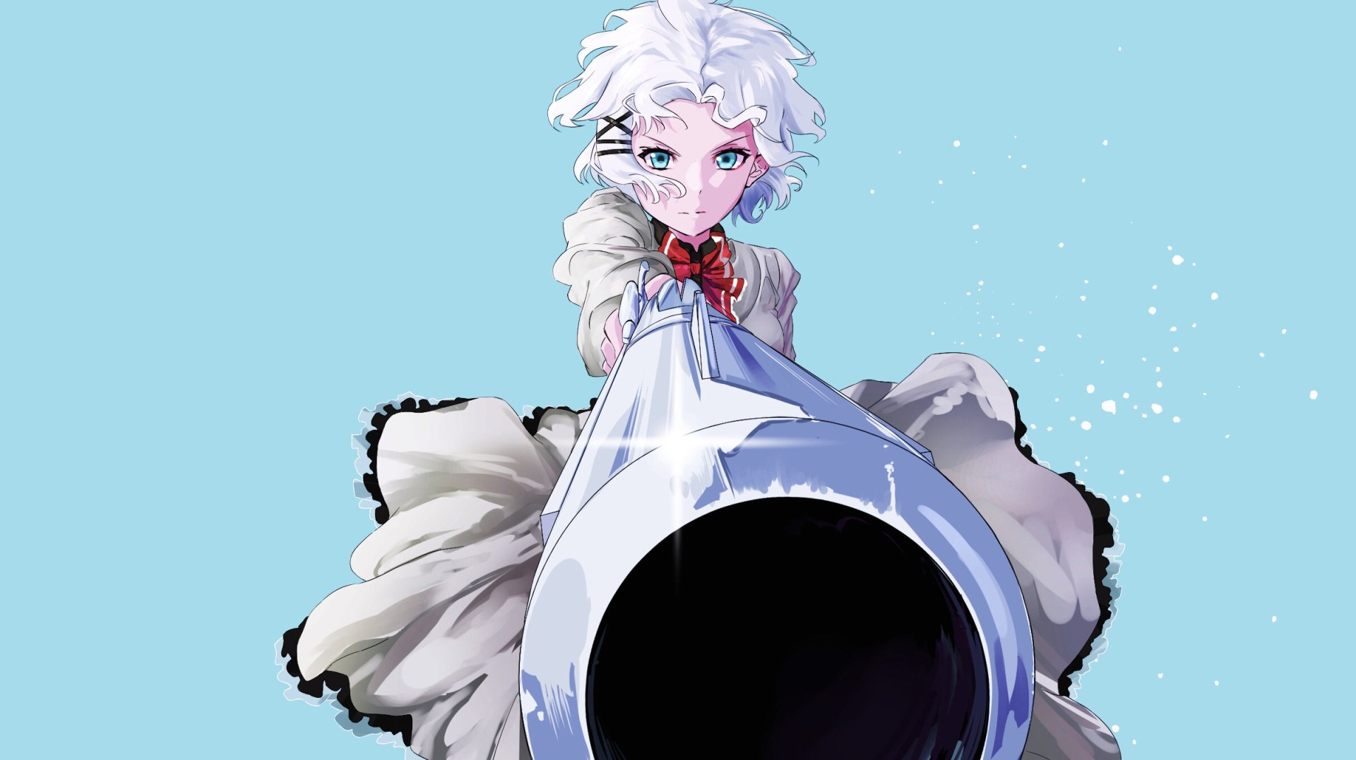 HD PC desktop wallpaper featuring Siesta from the anime The Detective Is Already Dead, with a close-up perspective of her pointed gun against a light blue background.