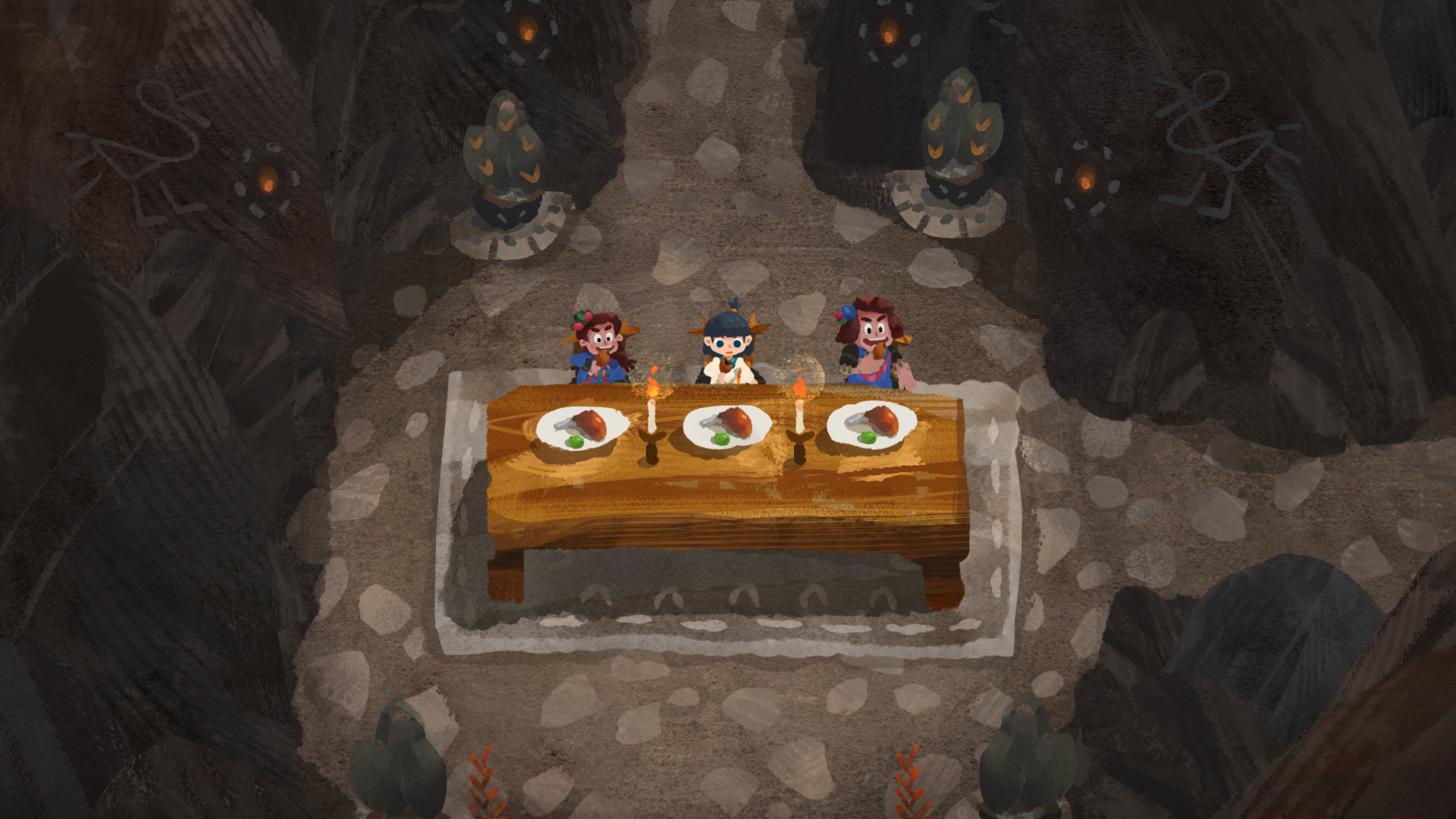 HD desktop wallpaper featuring characters from the game Carto having a meal in a cave with mystical blue flames in the background.