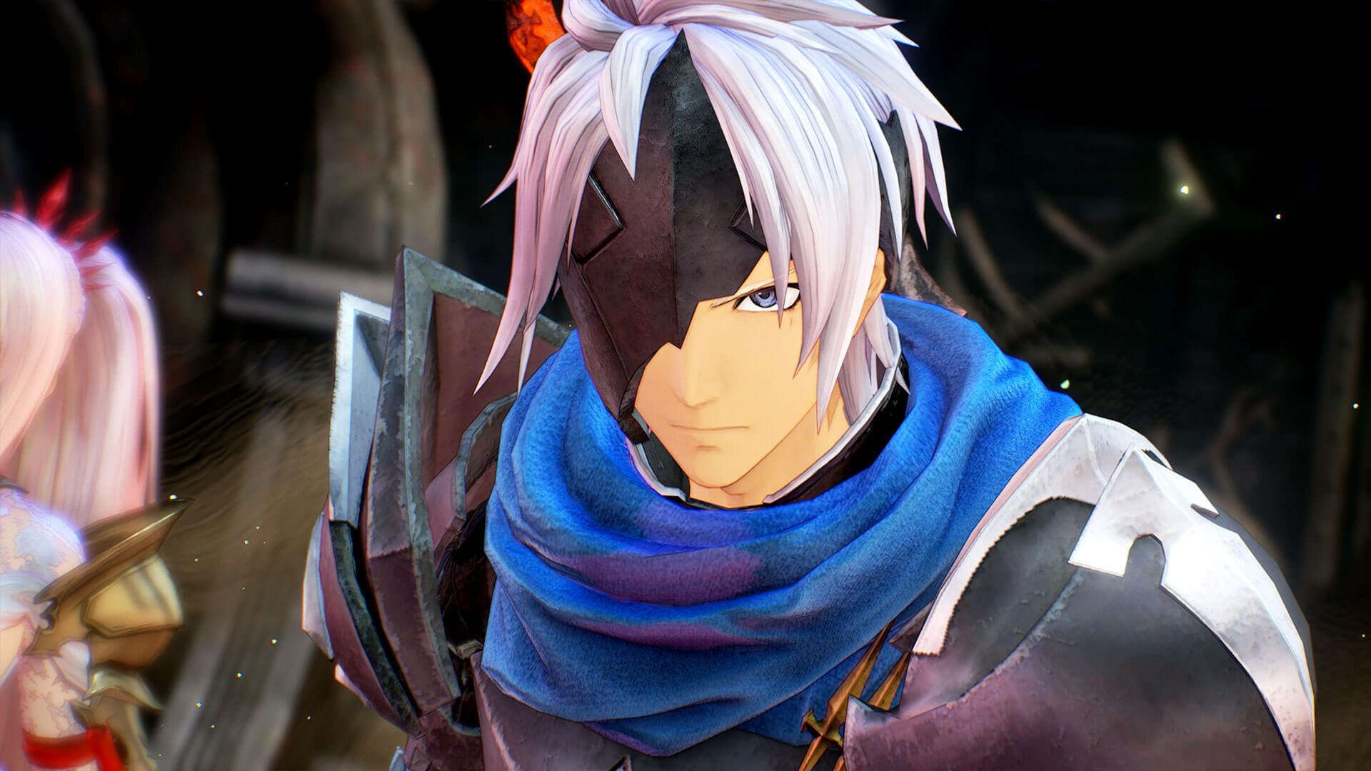 HD Tales of Arise desktop wallpaper featuring close-up of a male character with white hair and blue scarf.