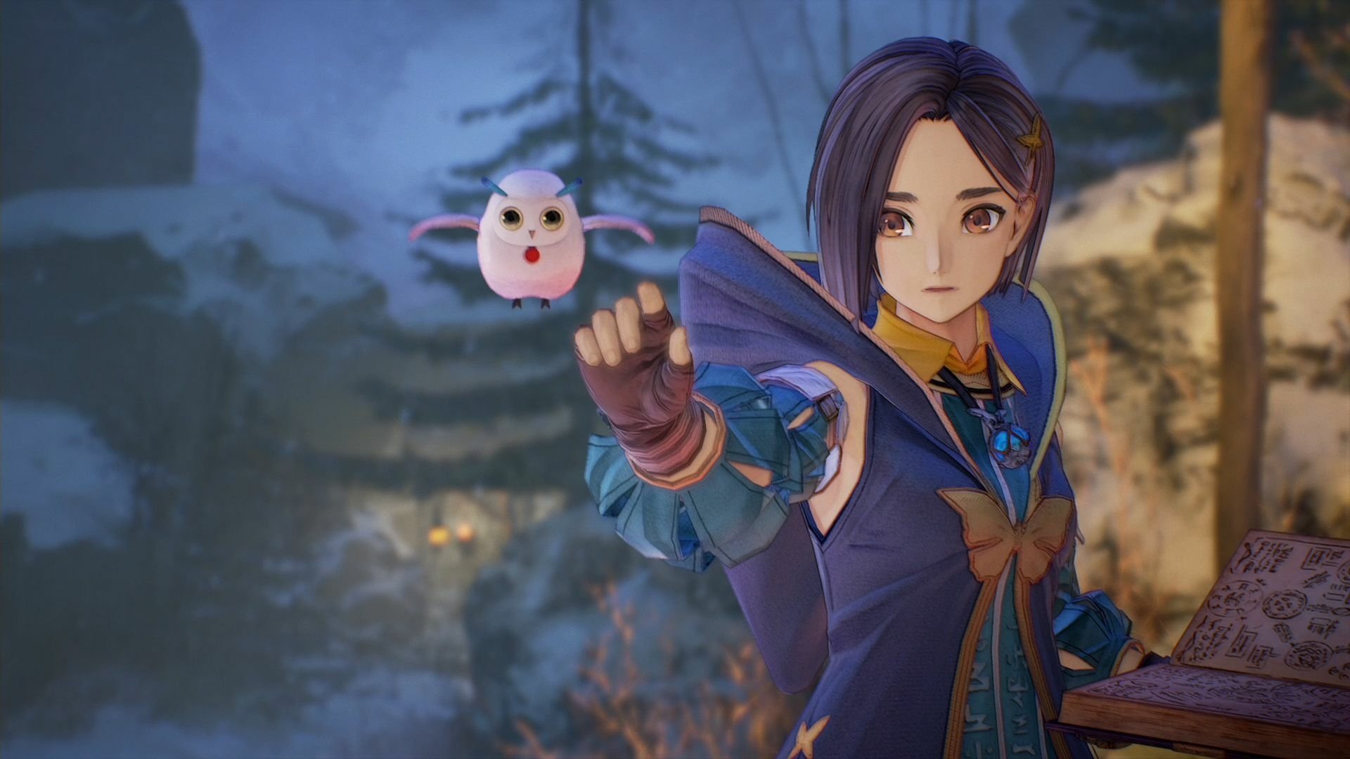 Tales of Arise HD wallpaper featuring a female character with winter backdrop and a cute floating mascot.