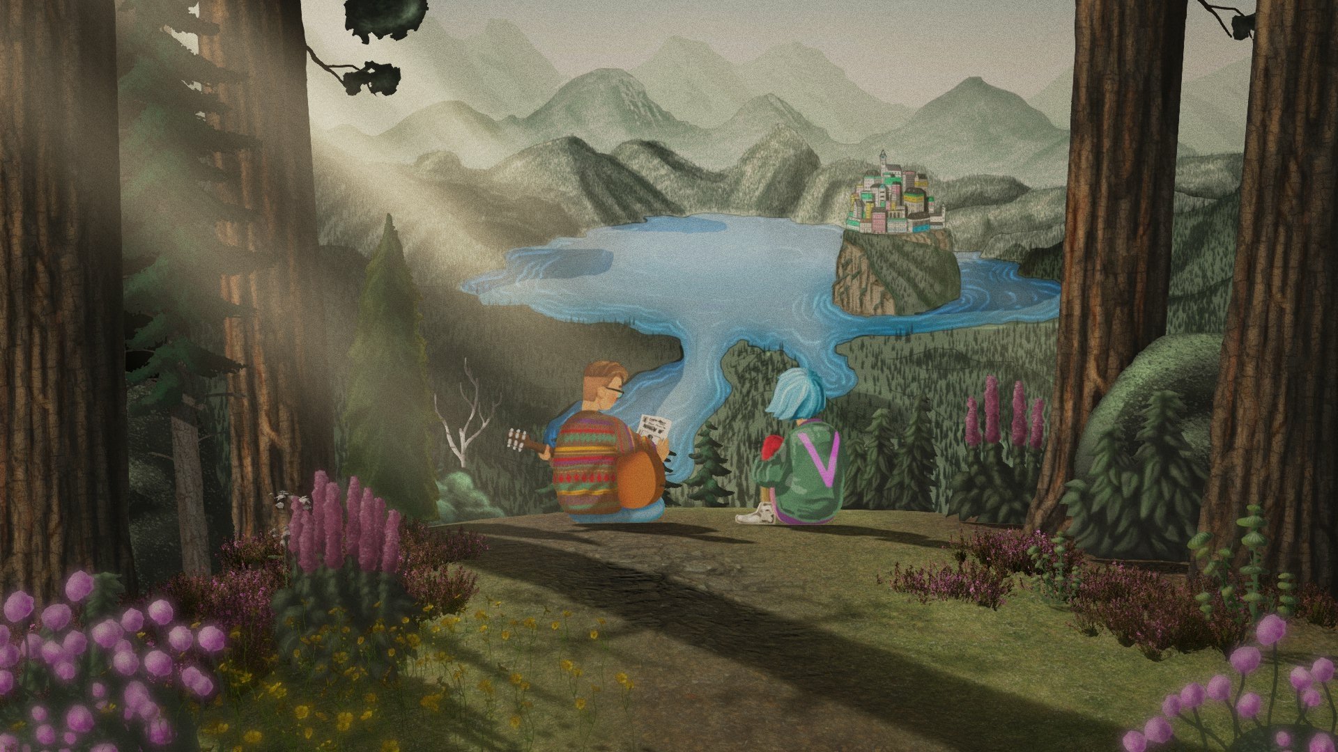 HD desktop wallpaper featuring a scene from The Artful Escape with two characters in a vibrant, stylized forest overlooking a lake and distant mountains.