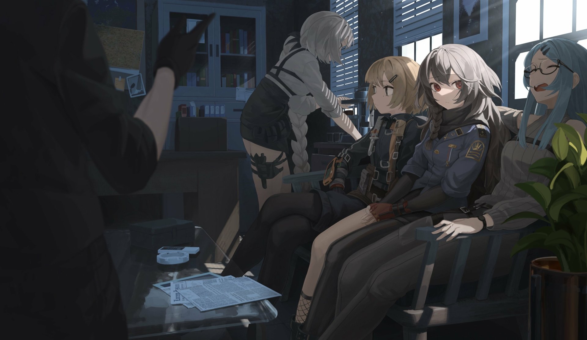 4K Ultra HD PC desktop wallpaper from the video game Girls' Frontline: a squad of T-Dolls sit and prepare gear in a dim command room, papers and equipment scattered on a table.
