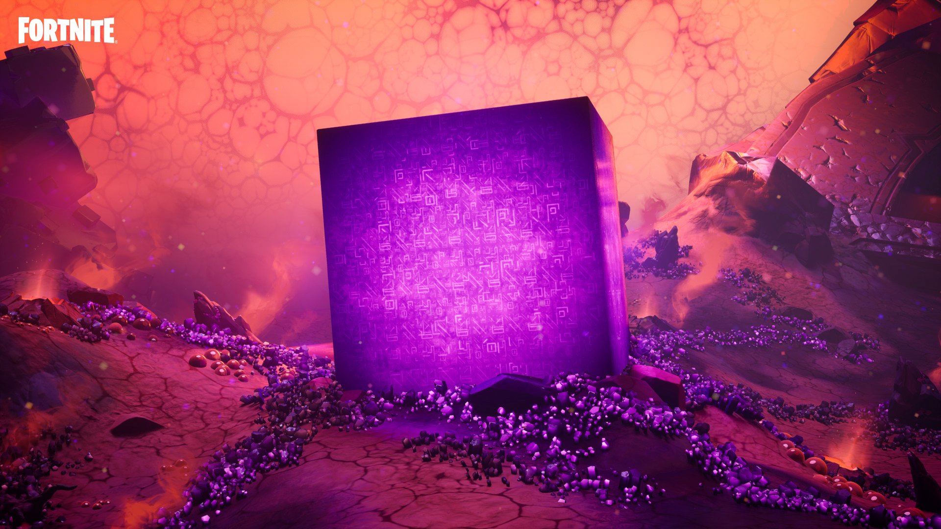 HD desktop wallpaper and background featuring a mysterious purple cube on an alien landscape from the video game Fortnite.