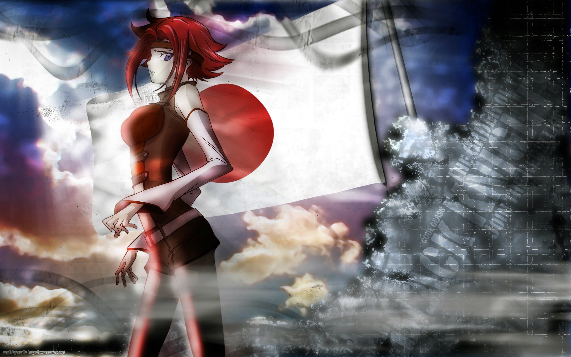 HD PC wallpaper of Kallen Kōzuki from Code Geass, anime-style, standing before a waving Japanese flag against a dramatic cloudy sky.