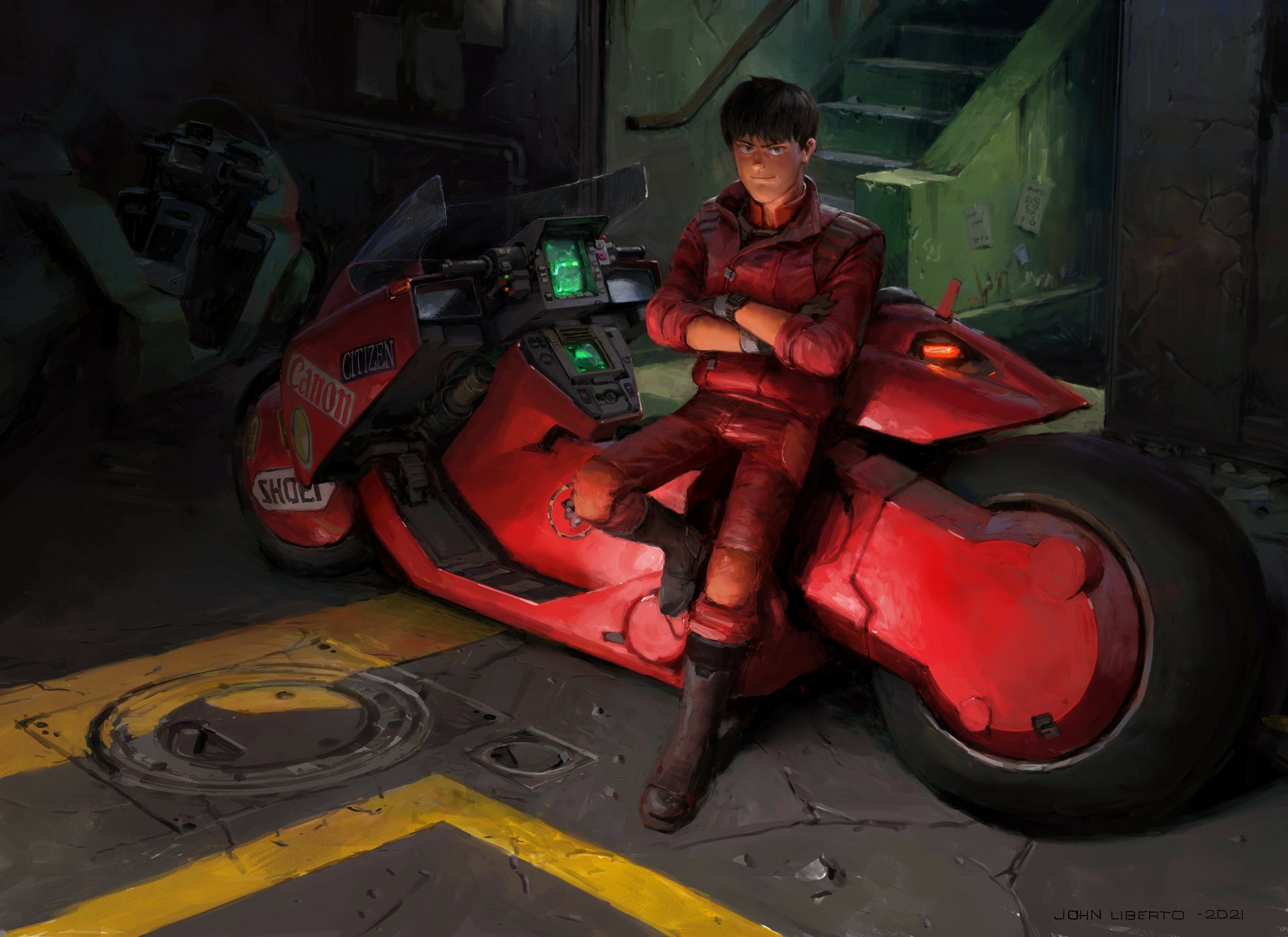 Anime-style Akira scene featuring a character leaning on a futuristic red motorcycle in a dimly lit urban setting, rendered in 4K Ultra HD for PC desktop wallpaper.