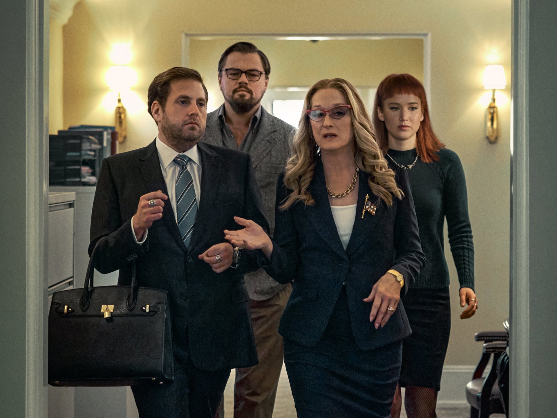 Download Leonardo Dicaprio Jennifer Lawrence Meryl Streep Jonah Hill Movie Don't Look Up HD Wallpaper