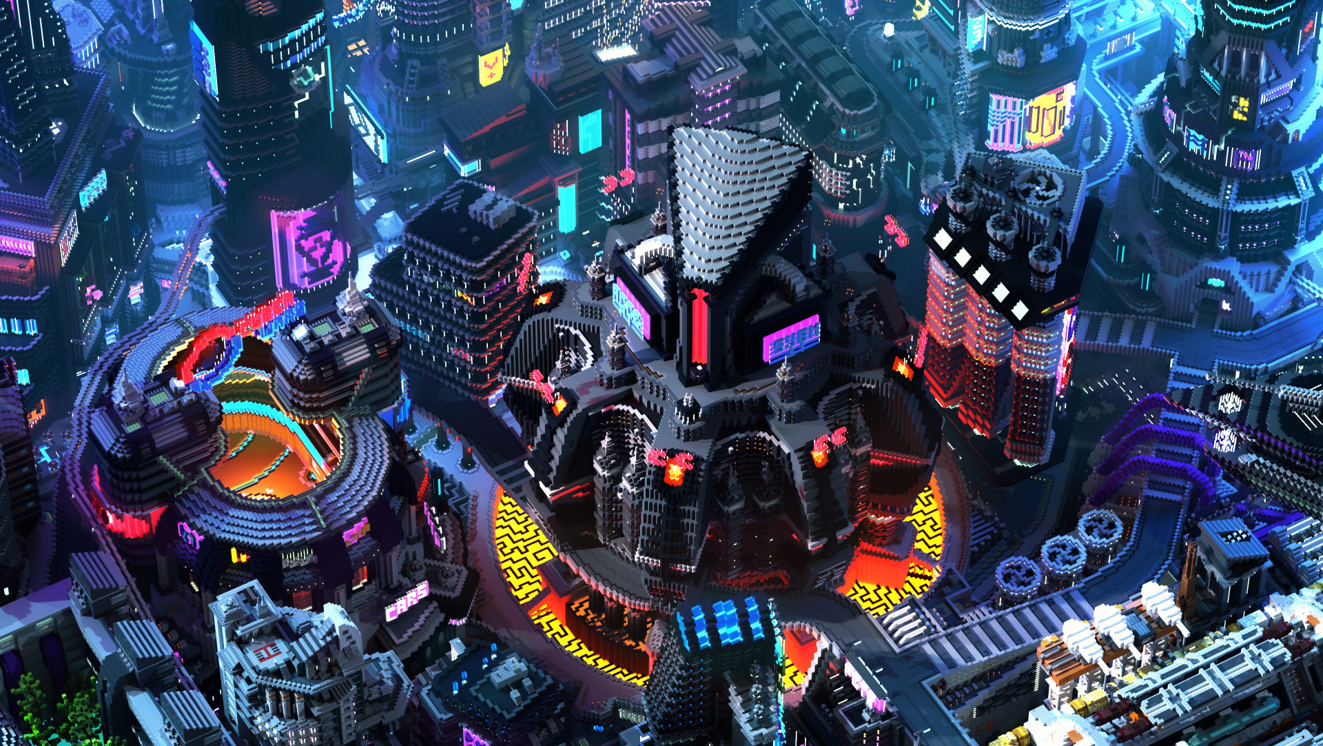Futuristic Minecraft cityscape illuminated with vibrant neon lights in 4K Ultra HD, showcasing intricate block-built skyscrapers and glowing digital signs on a PC desktop wallpaper.