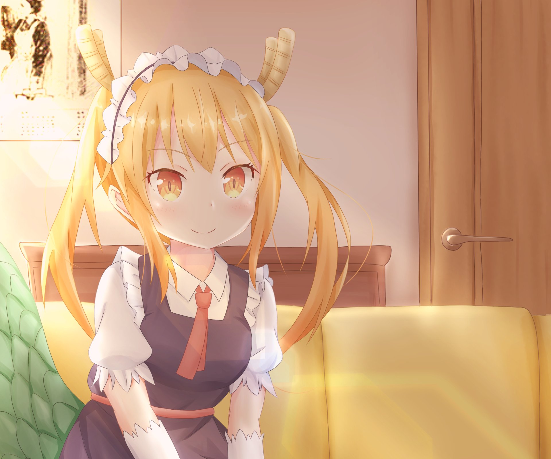 HD anime desktop wallpaper of Tohru from Miss Kobayashi's Dragon Maid, featuring her in a maid outfit with warm indoor lighting.