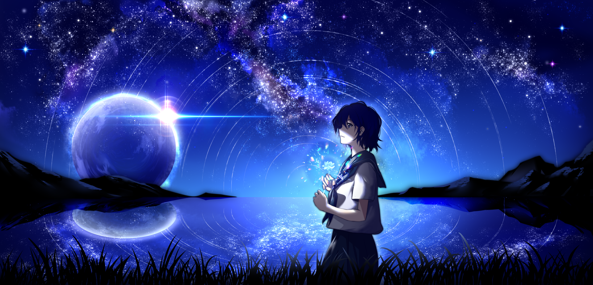 Anime girl in a school uniform stands by a reflective lake under a starry night sky with a glowing planet, captured in 4K Ultra HD for a vivid PC desktop wallpaper.