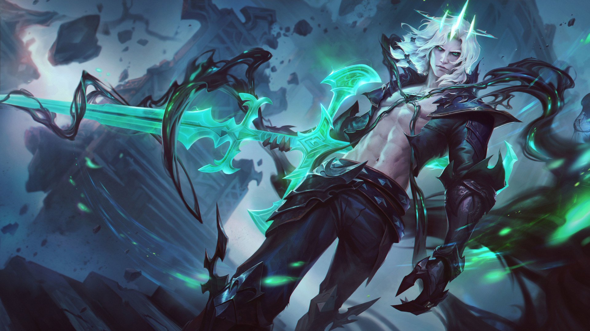 HD PC desktop wallpaper featuring Viego from League of Legends, showcasing the character in a dynamic, dark, and ethereal video game art style.