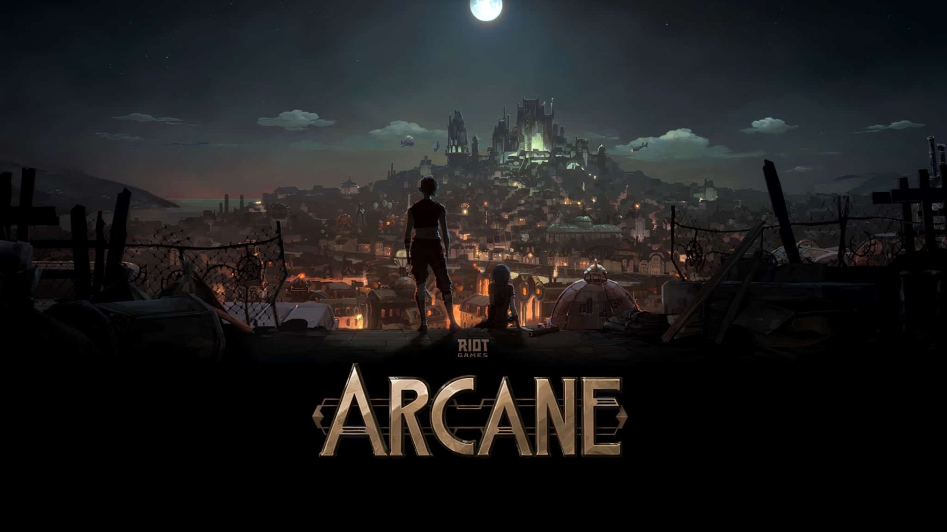 HD PC desktop wallpaper featuring a dark, atmospheric cityscape from the TV show Arcane, with a silhouetted figure overlooking the glowing urban scene under a full moon.