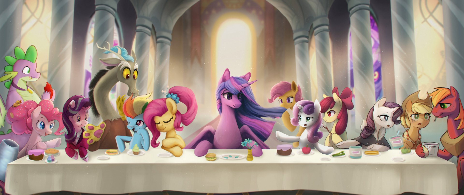 5K Ultra HD wallpaper: My Little Pony: Friendship Is Magic cast reenacting The Last Supper — Twilight Sparkle center with Rainbow Dash, Fluttershy, Pinkie Pie, Rarity, Applejack, Big Macintosh, Spike, Starlight Glimmer and Discord.