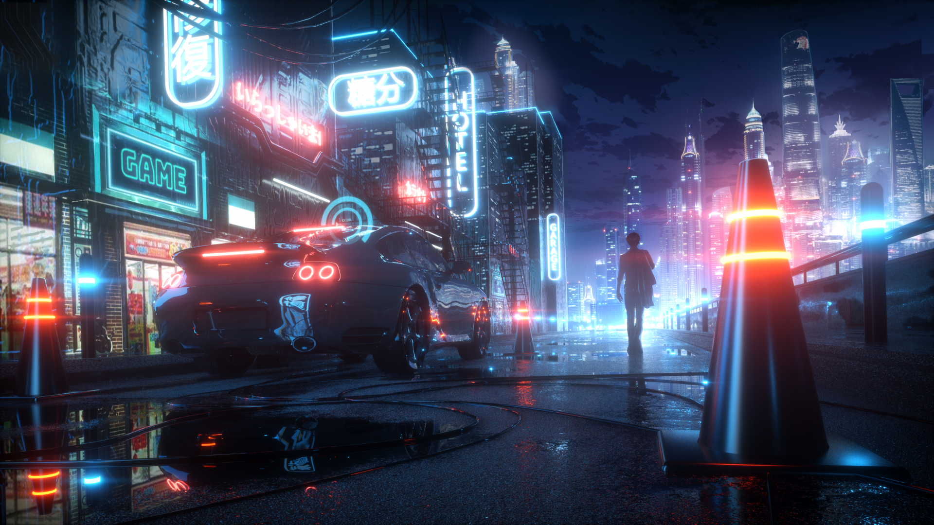 A 4K Ultra HD anime night scene with a glowing car and a boy walking through a neon-lit city street, blending futuristic and cyberpunk aesthetics.